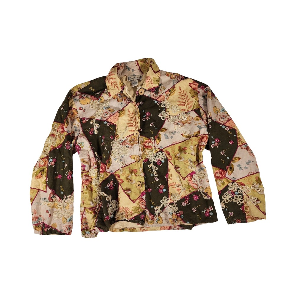 New Direction Floral Patchwork Jacket Womens XL Cotton Boho Crochet Lace Button
